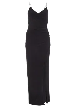 Quiz Black Petite Diamante Ruched Maxi Dress