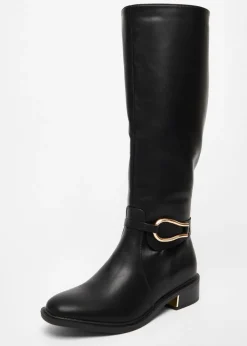 Quiz Black Wide Fit Faux Leather Knee High Flat Boots