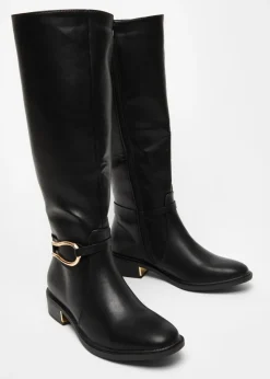 Quiz Black Wide Fit Faux Leather Knee High Flat Boots