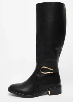 Quiz Black Wide Fit Faux Leather Knee High Flat Boots