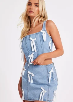 Quiz Blue Denim Bow Detail Skirt