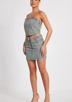 Quiz Blue Denim Embellished Mini Skirt