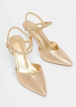 Quiz Gold Diamante Strap Court Heels