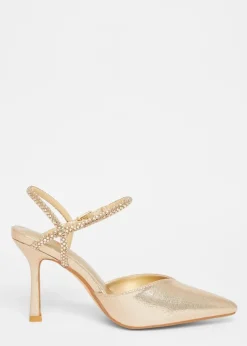 Quiz Gold Diamante Strap Court Heels