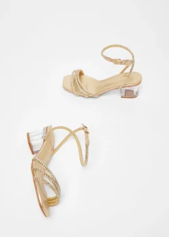 Quiz Gold Wide Fit Diamante Low Heeled Sandal