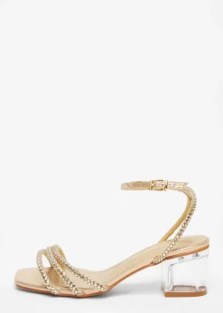 Quiz Gold Wide Fit Diamante Low Heeled Sandal