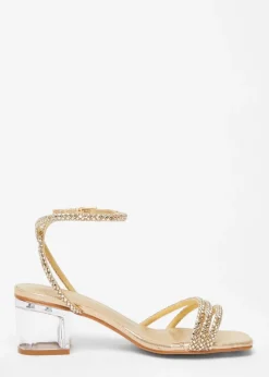 Quiz Gold Wide Fit Diamante Low Heeled Sandal