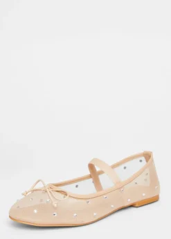 Quiz Natural Mesh Diamante Bow Pumps