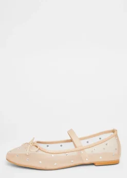 Quiz Natural Mesh Diamante Bow Pumps