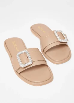 Quiz Natural Wide Fit Diamante Buckle Flat Sandals