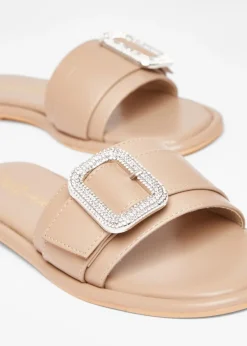 Quiz Natural Wide Fit Diamante Buckle Flat Sandals