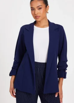 Quiz Navy Petite Ruched Sleeve Blazer