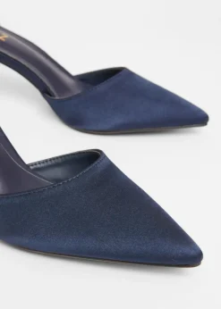 Quiz Navy Satin Diamante Strap Court Heels