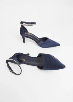 Quiz Navy Satin Diamante Strap Court Heels