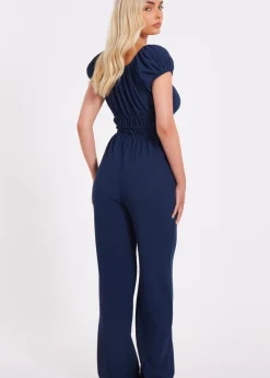 Quiz Navy Textured Puff Sleeve Jumpsuit