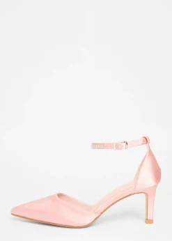 Quiz Pink Satin Diamante Strap Court Heels