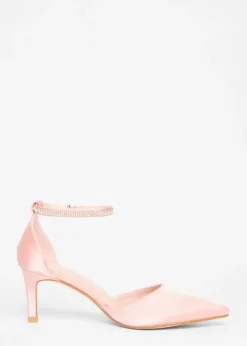 Quiz Pink Satin Diamante Strap Court Heels