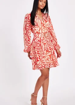 Quiz Red Chiffon Floral Skater Dress