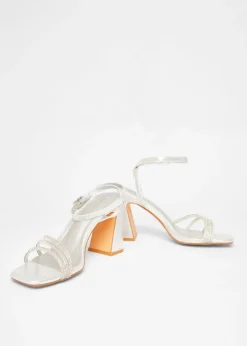 Quiz Silver Diamante Block Heeled Sandal