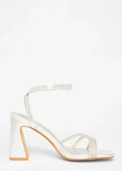 Quiz Silver Diamante Block Heeled Sandal