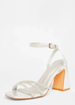 Quiz Silver Diamante Block Heeled Sandal