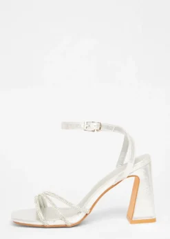 Quiz Silver Diamante Block Heeled Sandal