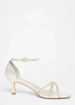 Quiz Silver Diamante Cross Strap Heels