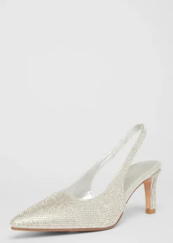 Quiz Silver Diamante Sling Back Heels