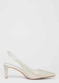 Quiz Silver Diamante Sling Back Heels