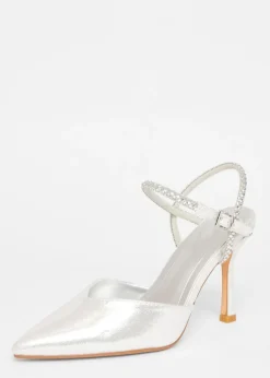 Quiz Silver Diamante Strap Court Heels