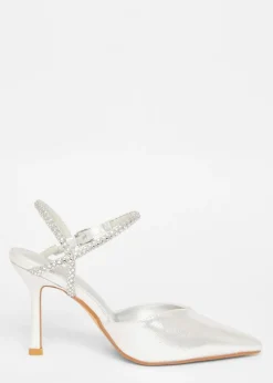 Quiz Silver Diamante Strap Court Heels