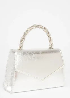 Quiz Silver Diamante Twist Top Handle Bag