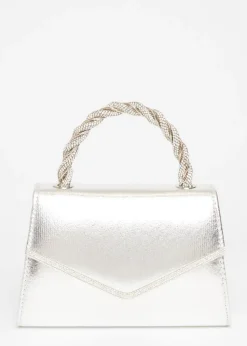 Quiz Silver Diamante Twist Top Handle Bag