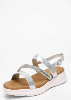 Quiz Silver Wide Fit Asymmetric Diamante Strap Sandals