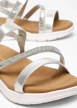 Quiz Silver Wide Fit Asymmetric Diamante Strap Sandals