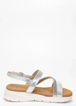 Quiz Silver Wide Fit Asymmetric Diamante Strap Sandals