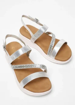 Quiz Silver Wide Fit Asymmetric Diamante Strap Sandals