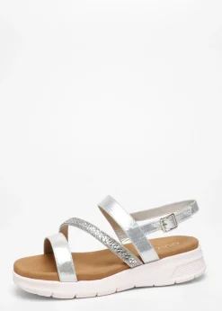 Quiz Silver Wide Fit Asymmetric Diamante Strap Sandals