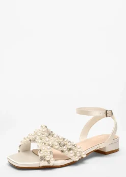 Quiz White Bridal Embellished Strap Flat Sandals