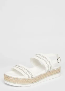 Quiz White Diamante Double Strap Flatform Sandals