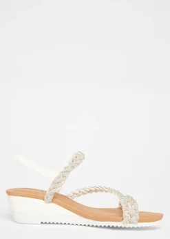 Quiz White Diamante Strappy Low Wedges