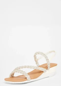 Quiz White Diamante Strappy Low Wedges