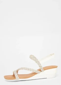 Quiz White Diamante Strappy Low Wedges