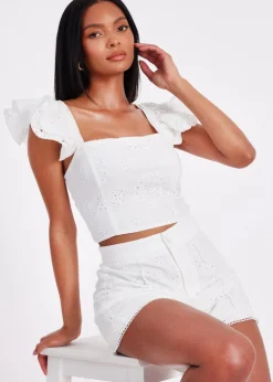 Quiz White Embroidered Frill Sleeve Top