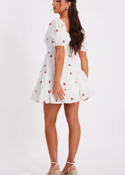 Quiz White Petite Cherry Print Skater Dress