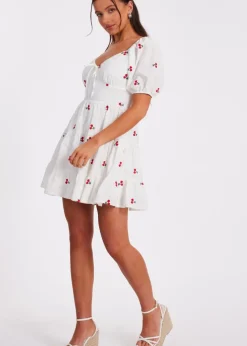 Quiz White Petite Cherry Print Skater Dress