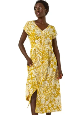 Roman Amber Leaf Print Button Midi Dress