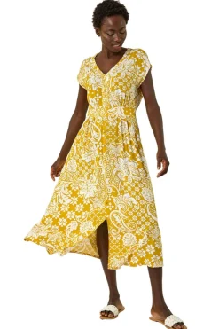 Roman Amber Leaf Print Button Midi Dress