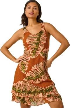 Roman Amber Leaf Print Double Layer Dress