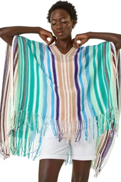 Roman Aqua Multi Stripe Knit Poncho